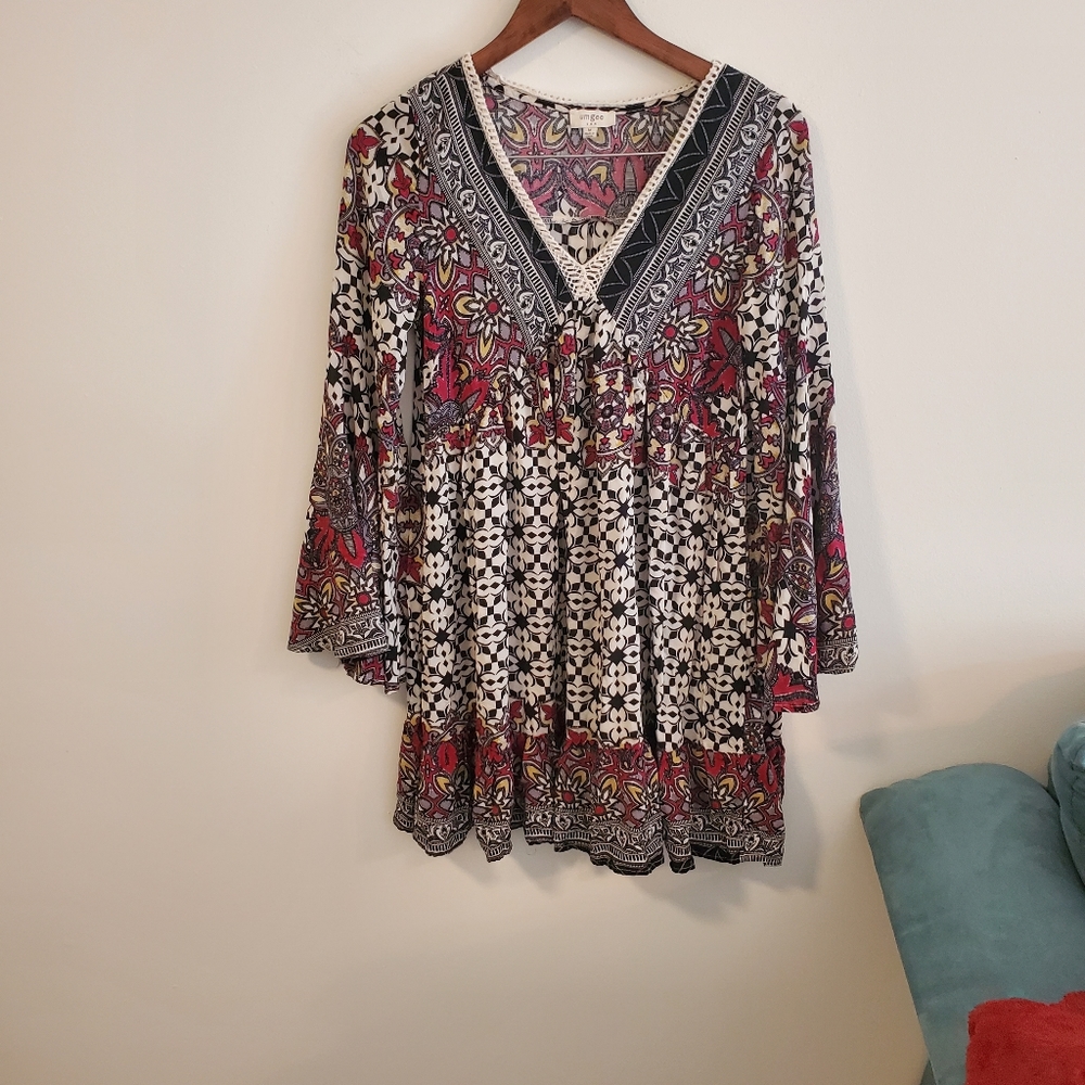 Umgee bohemian pattern paisley dress flare sleeve size Medium colorful